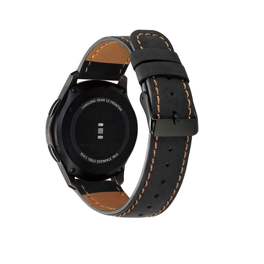 Galaxy Uyumlu Watch 46mm 22mm KRD-29 Deri Kordon-Siyah