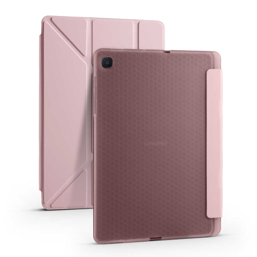 Galaxy Uyumlu Tab S6 Lite P610 Kılıf Tuhatu Tri Folding Kalem Bölmeli Standlı Kılıf-Rose gold