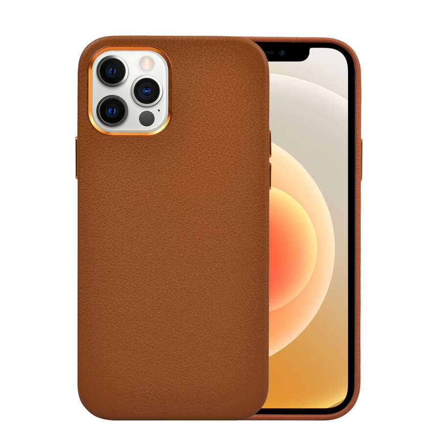 iPhone Uyumlu 12 Pro Kılıf Wiwu Calfskin Kapak-Kahverengi