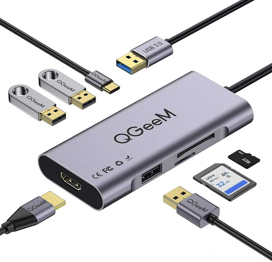 Qgeem QG-UH07-A Type-C Çoğaltıcı ve Dönüştürücü Hub Usb 3.0 HDMI 4K SD Kart 85W 5120Mbps