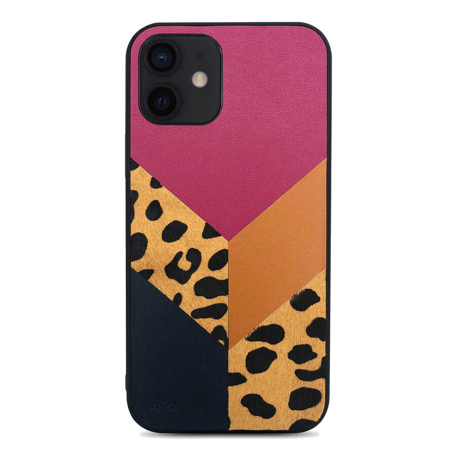 iPhone Uyumlu 12 Kılıf Kajsa Glamorous Serisi Leopard Combo Kapak-Pembe