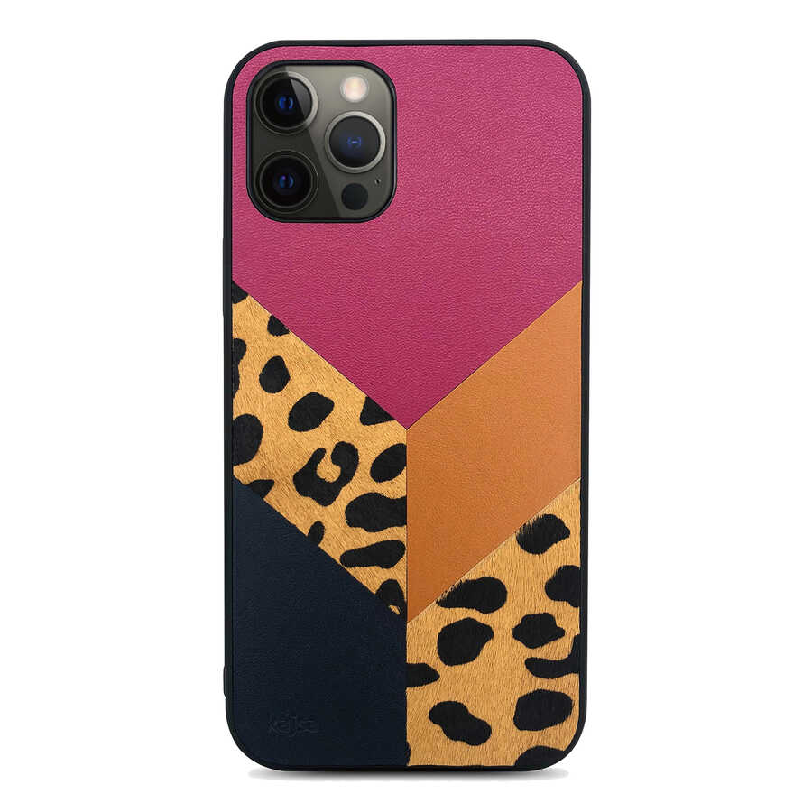 iPhone Uyumlu 12 Pro Kılıf Kajsa Glamorous Serisi Leopard Combo Kapak-Pembe