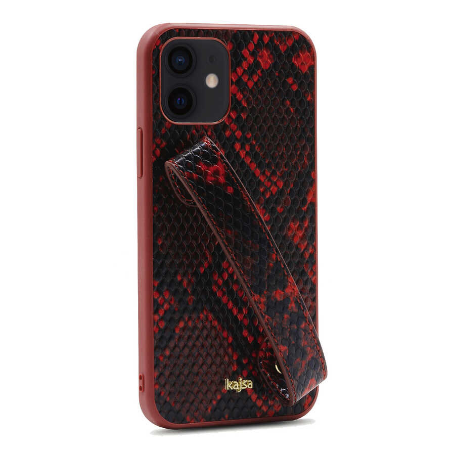 iPhone Uyumlu 12 Kılıf Kajsa Glamorous Serisi Snake Handstrap Kapak-Kırmızı