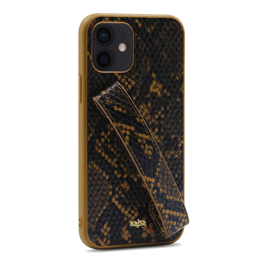 iPhone Uyumlu 12 Kılıf Kajsa Glamorous Serisi Snake Handstrap Kapak-Sarı