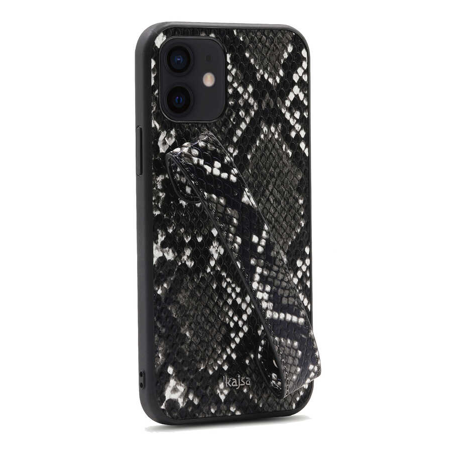 iPhone Uyumlu 12 Kılıf Kajsa Glamorous Serisi Snake Handstrap Kapak-Siyah