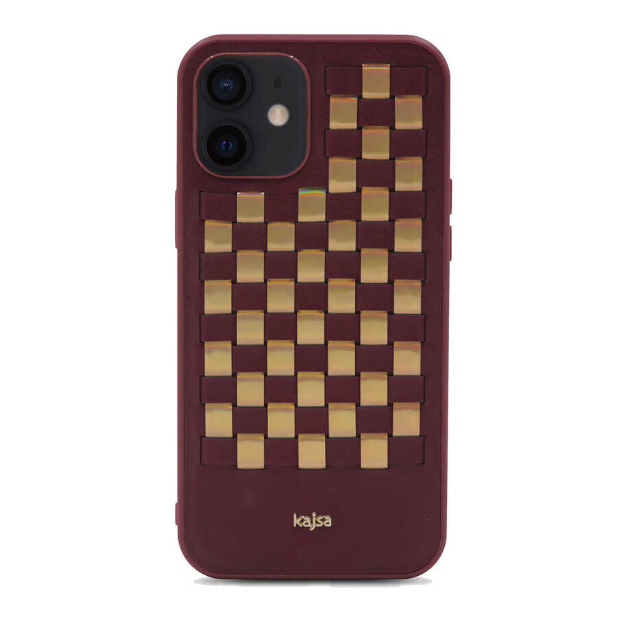 iPhone Uyumlu 12 Kılıf Kajsa Preppie Serisi Spotlight Woven Kapak-Bordo