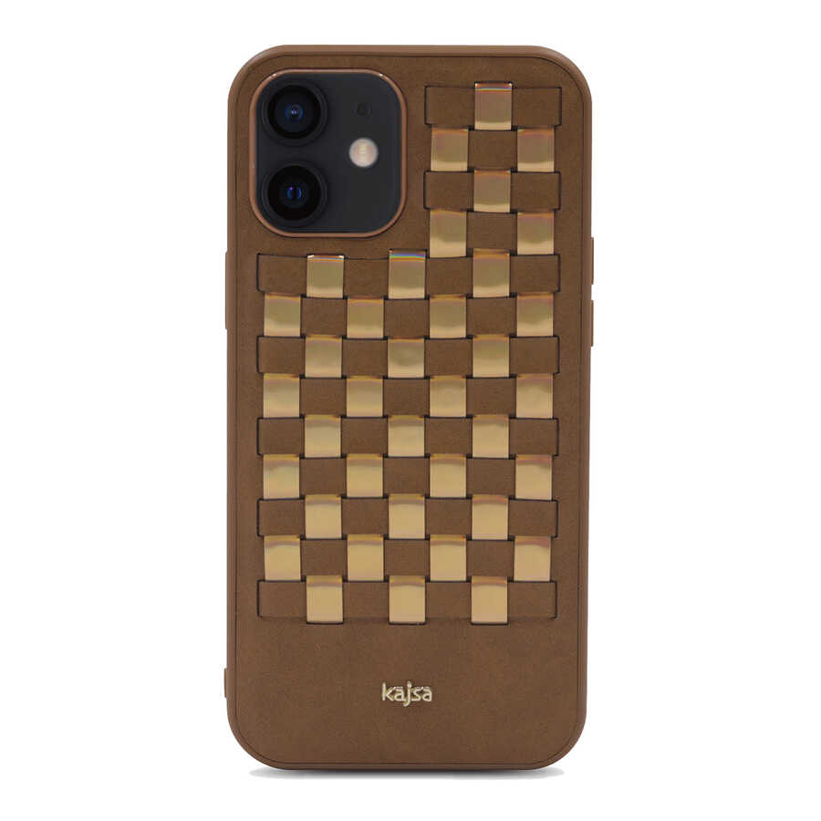 iPhone Uyumlu 12 Kılıf Kajsa Preppie Serisi Spotlight Woven Kapak-Gold