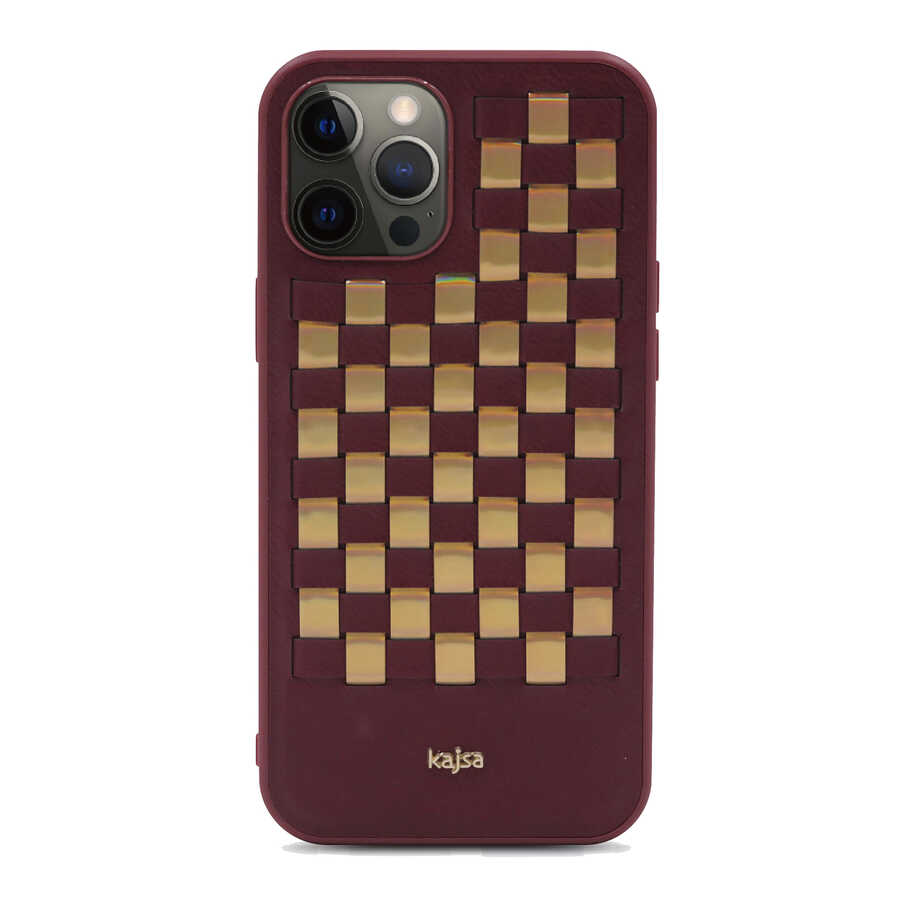 iPhone Uyumlu 12 Pro Kılıf Kajsa Preppie Serisi Spotlight Woven Kapak-Bordo