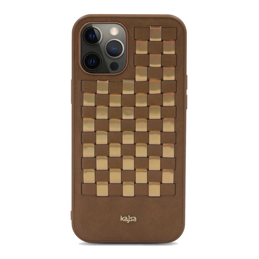 iPhone Uyumlu 12 Pro Kılıf Kajsa Preppie Serisi Spotlight Woven Kapak-Gold