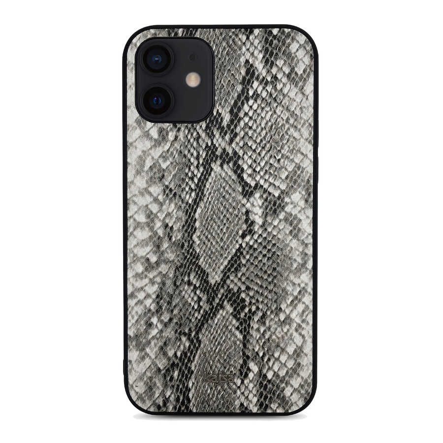 iPhone Uyumlu 12 Kılıf Kajsa Glamorous Serisi Snake Pattern Kapak-Gri