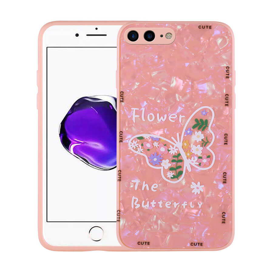 iPhone Uyumlu 7 Plus Kılıf Desenli Sert Silikon Tuhatu Mumila Kapak-Pink flower