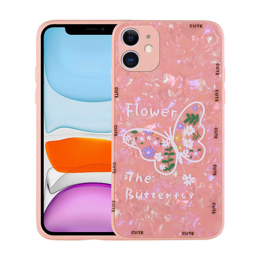 iPhone Uyumlu 11 Kılıf Desenli Sert Silikon Tuhatu Mumila Kapak-Pink flower