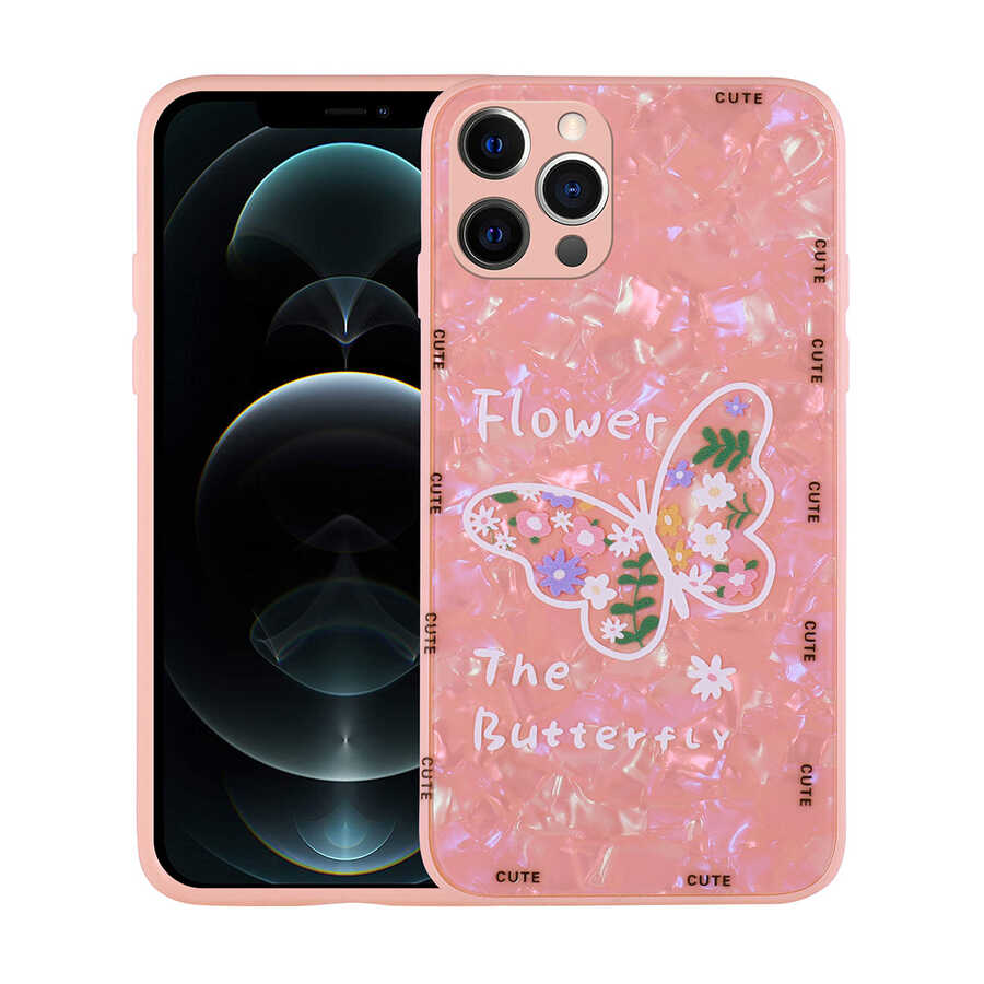 iPhone Uyumlu 12 Pro Kılıf Desenli Sert Silikon Tuhatu Mumila Kapak-Pink flower