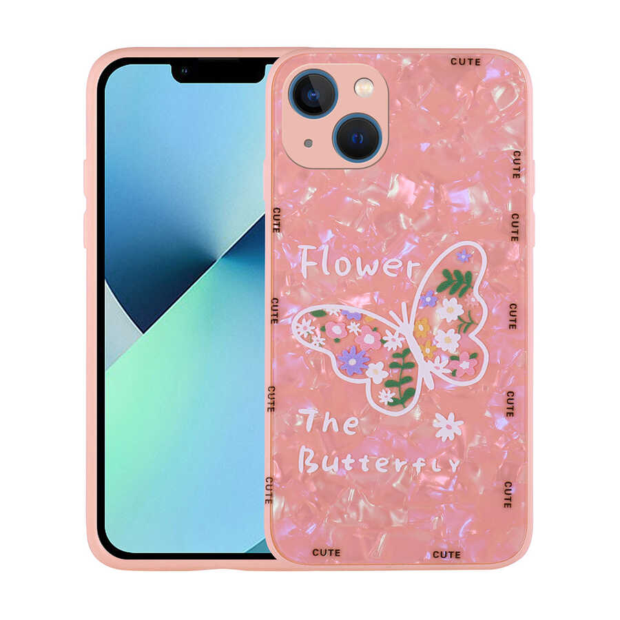 iPhone Uyumlu 13 Kılıf Desenli Sert Silikon Tuhatu Mumila Kapak-Pink flower