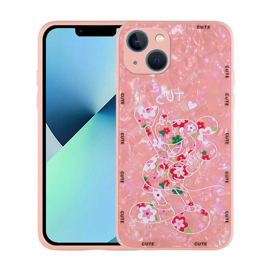 iPhone Uyumlu 13 Kılıf Desenli Sert Silikon Tuhatu Mumila Kapak-Pink mouse