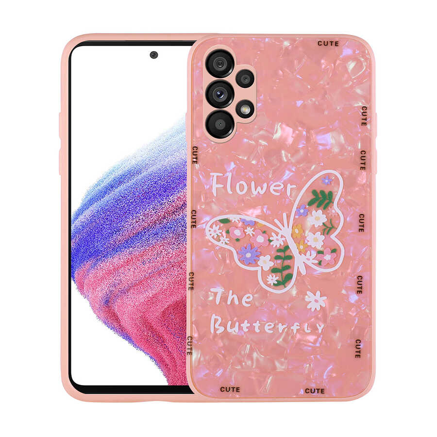 Galaxy Uyumlu A13 4G Kılıf Desenli Sert Silikon Tuhatu Mumila Kapak-Pink flower