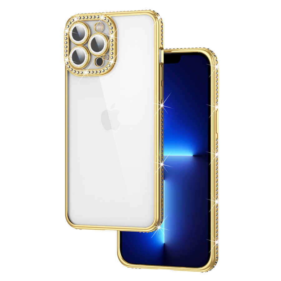 iPhone Uyumlu 13 Pro Max Kılıf Kamera Korumalı Taşlı Tuhatu Mina Kapak-Gold