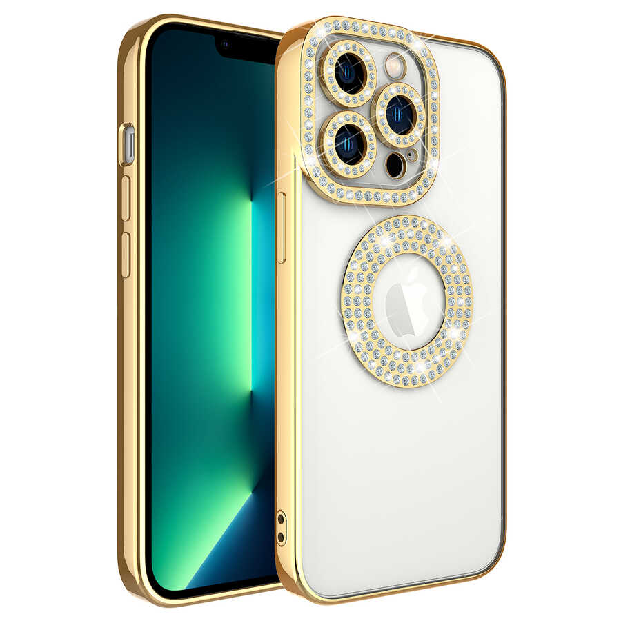 iPhone Uyumlu 12 Pro Max Kılıf Kamera Korumalı Taş Süslemeli Arkası Şeffaf Tuhatu Asya Kapak-Gold