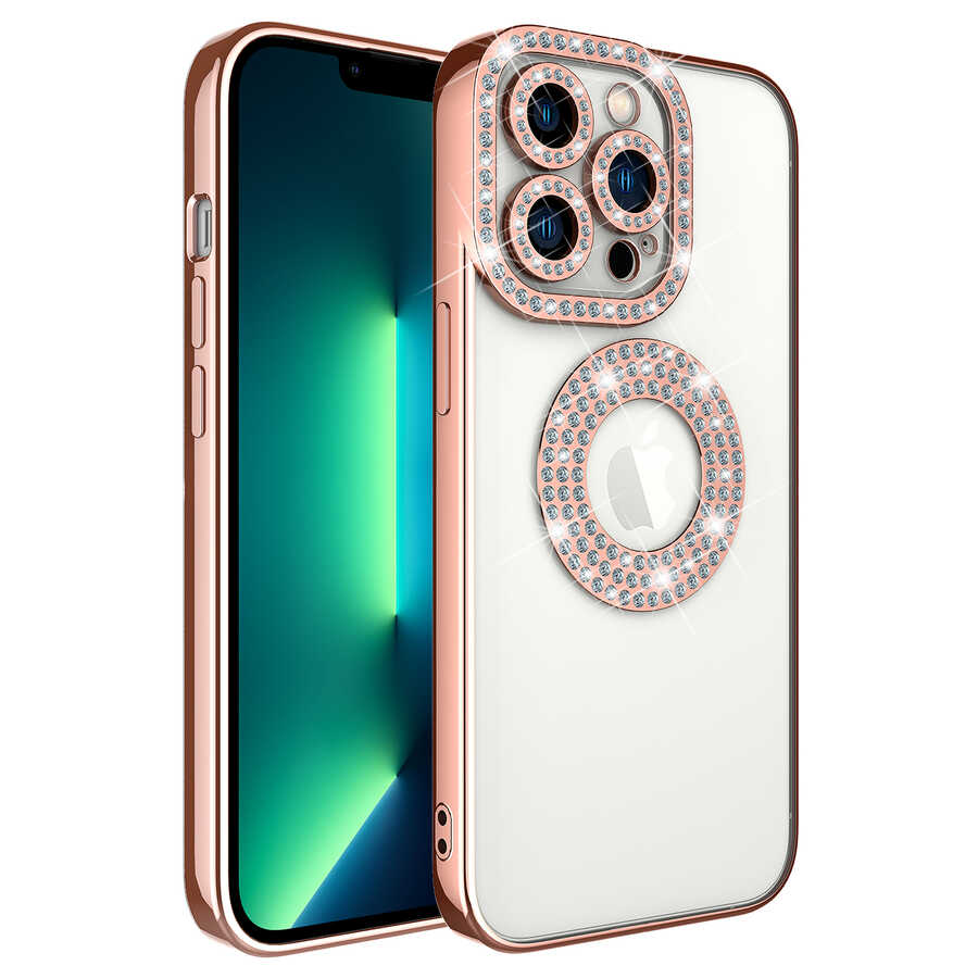 iPhone Uyumlu 12 Pro Max Kılıf Kamera Korumalı Taş Süslemeli Arkası Şeffaf Tuhatu Asya Kapak-Rose gold