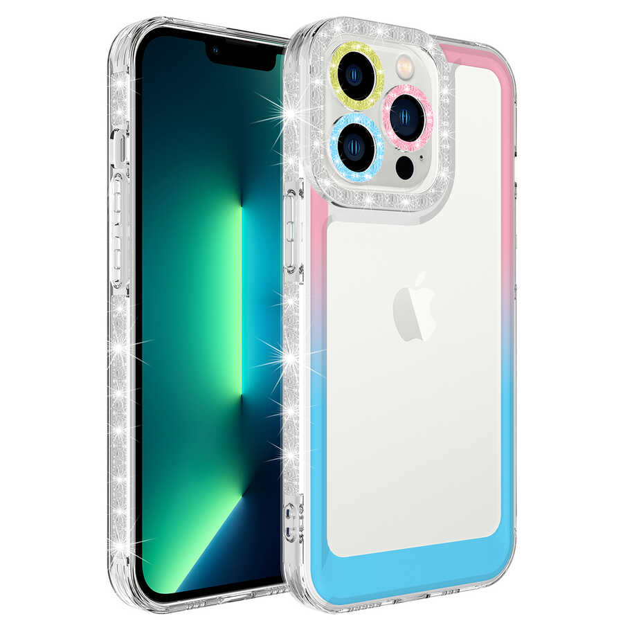 iPhone Uyumlu 12 Pro Kılıf Simli ve Renk Geçiş Tasarımlı Lens Korumalı Tuhatu Park Kapak-Pembe-mavi