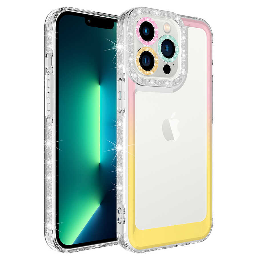 iPhone Uyumlu 12 Pro Kılıf Simli ve Renk Geçiş Tasarımlı Lens Korumalı Tuhatu Park Kapak-Pembe-sarı