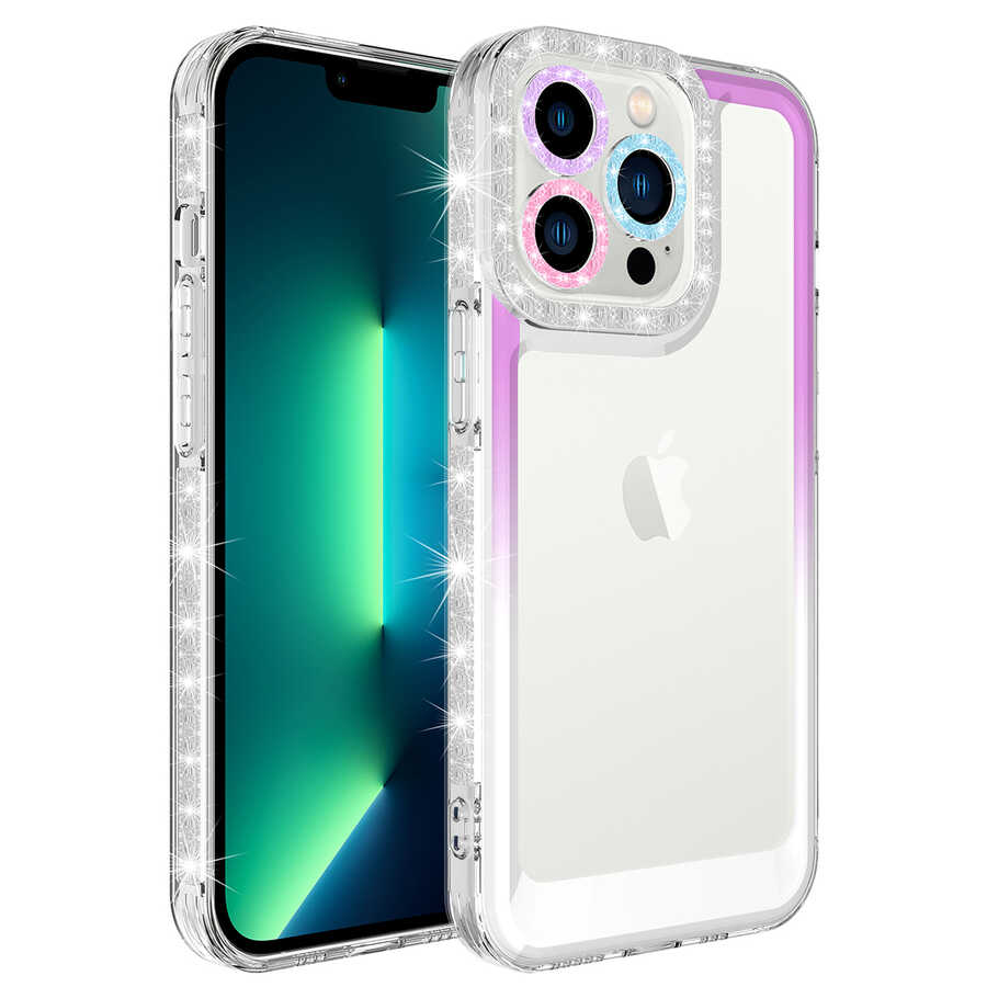 iPhone Uyumlu 12 Pro Kılıf Simli ve Renk Geçiş Tasarımlı Lens Korumalı Tuhatu Park Kapak-Mor-beyaz