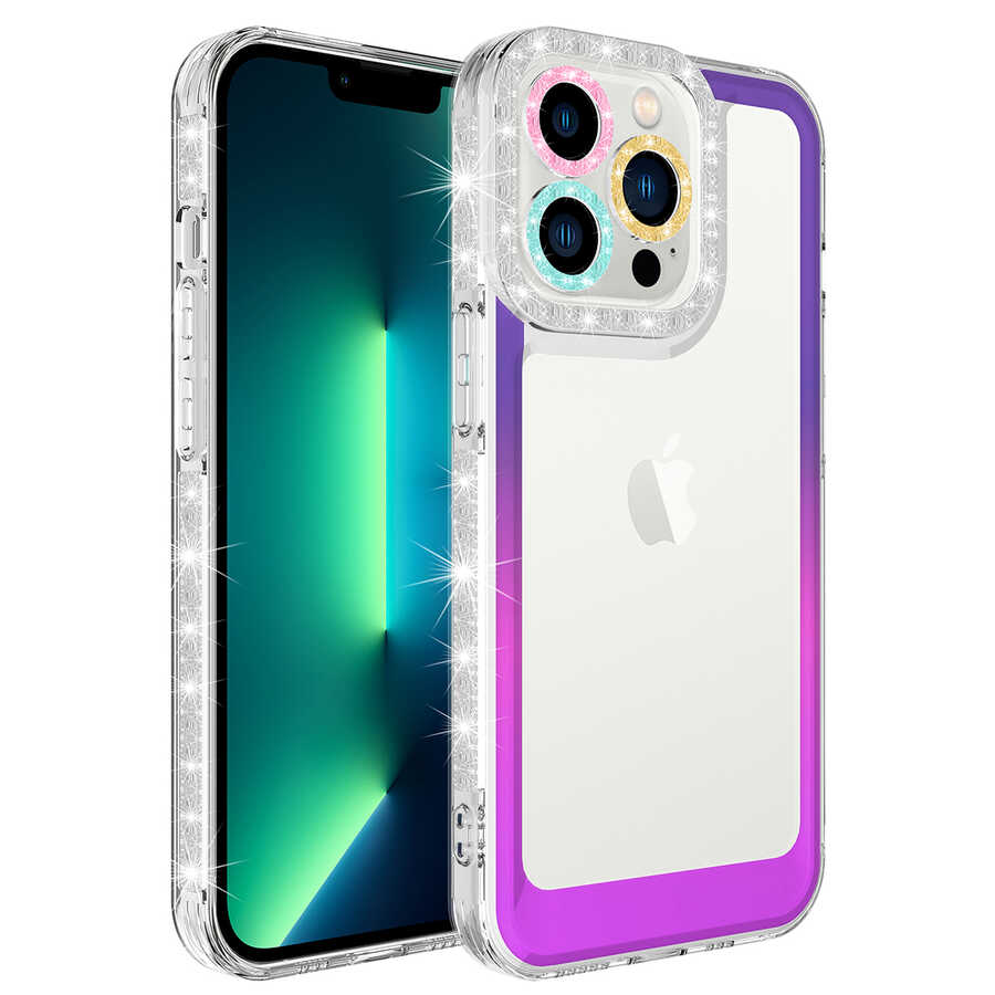 iPhone Uyumlu 13 Pro Kılıf Simli ve Renk Geçiş Tasarımlı Lens Korumalı Tuhatu Park Kapak-Mor-pembe