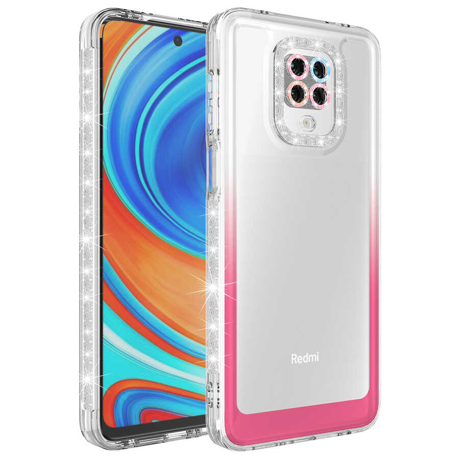 Xiaomi Uyumlu Redmi Note 9S Kılıf Simli ve Renk Geçiş Tasarımlı Lens Korumalı Tuhatu Park Kapak-Beyaz-pembe