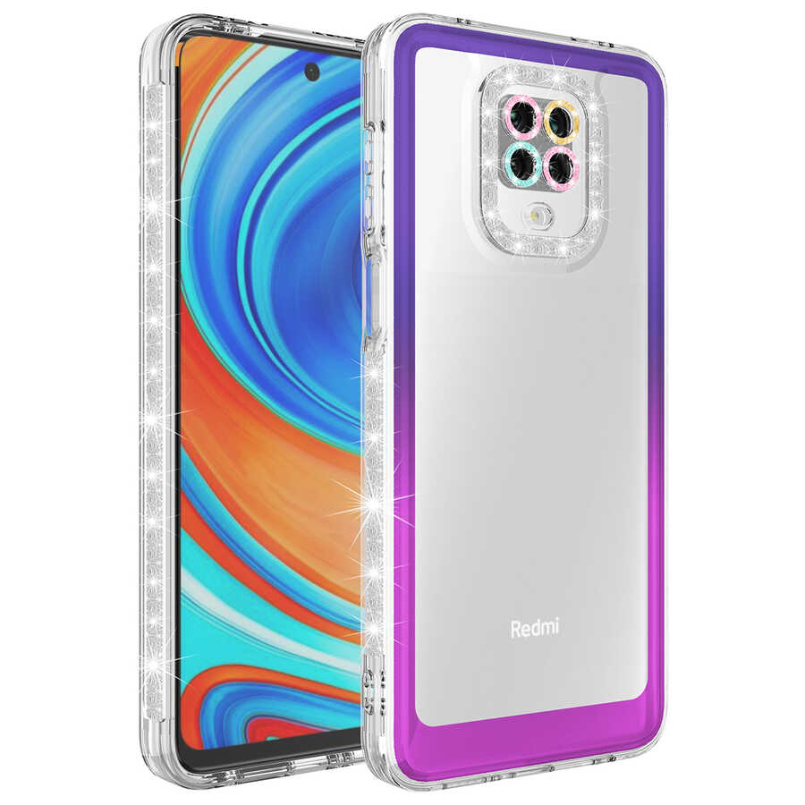 Xiaomi Uyumlu Redmi Note 9S Kılıf Simli ve Renk Geçiş Tasarımlı Lens Korumalı Tuhatu Park Kapak-Mor-pembe