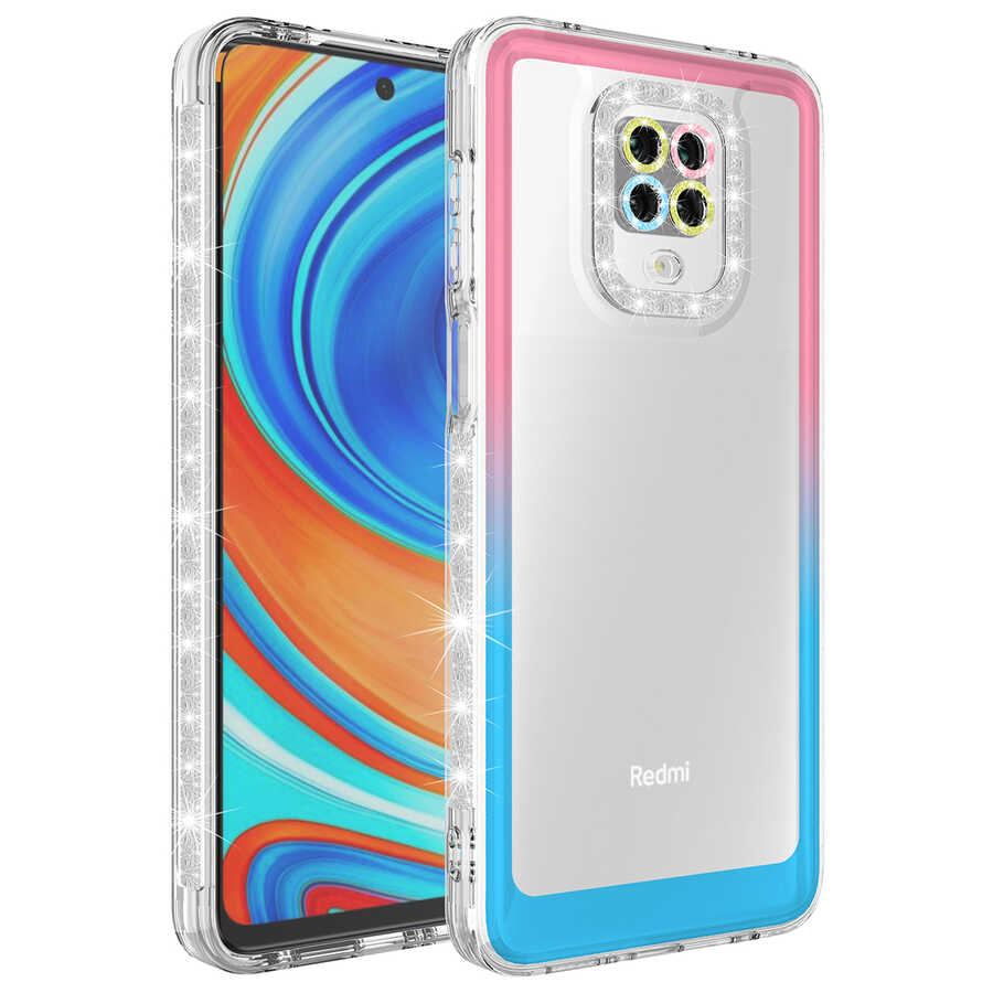 Xiaomi Uyumlu Redmi Note 9S Kılıf Simli ve Renk Geçiş Tasarımlı Lens Korumalı Tuhatu Park Kapak-Pembe-mavi