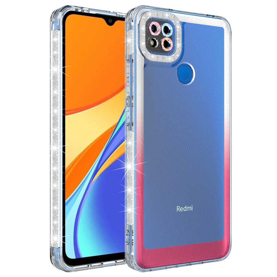 Xiaomi Uyumlu Redmi 9C Kılıf Simli ve Renk Geçiş Tasarımlı Lens Korumalı Tuhatu Park Kapak-Beyaz-pembe