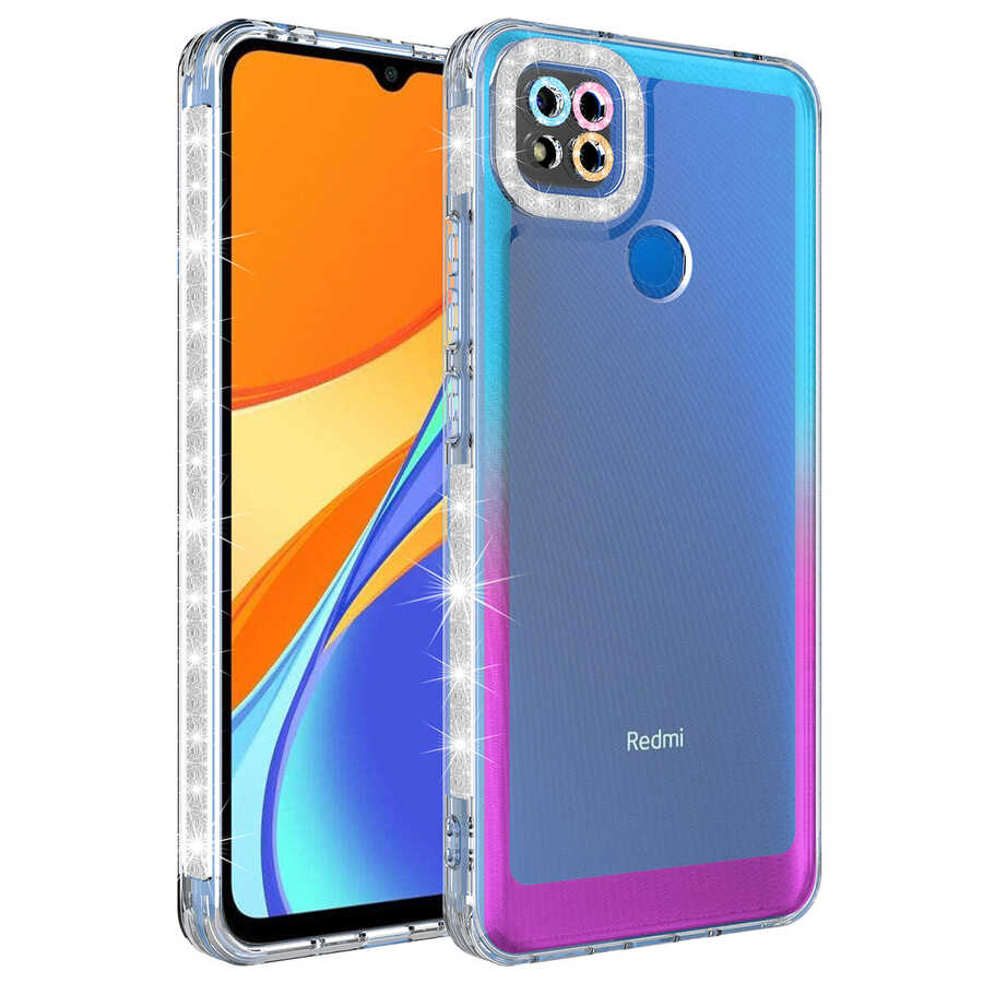 Xiaomi Uyumlu Redmi 9C Kılıf Simli ve Renk Geçiş Tasarımlı Lens Korumalı Tuhatu Park Kapak-Mavi-mor