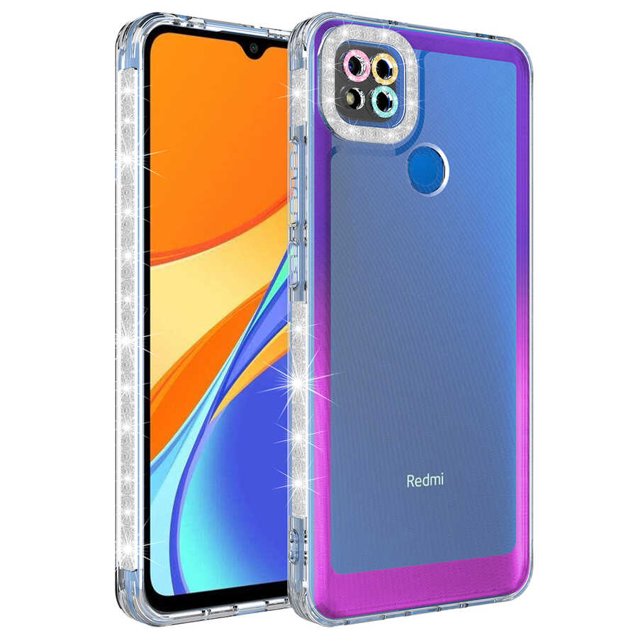 Xiaomi Uyumlu Redmi 9C Kılıf Simli ve Renk Geçiş Tasarımlı Lens Korumalı Tuhatu Park Kapak-Mor-pembe