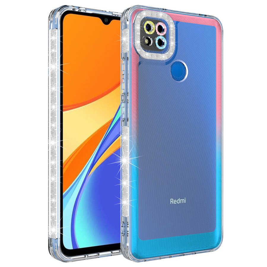 Xiaomi Uyumlu Redmi 9C Kılıf Simli ve Renk Geçiş Tasarımlı Lens Korumalı Tuhatu Park Kapak-Pembe-mavi