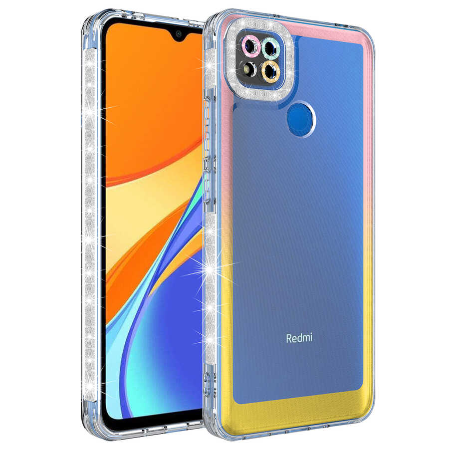 Xiaomi Uyumlu Redmi 9C Kılıf Simli ve Renk Geçiş Tasarımlı Lens Korumalı Tuhatu Park Kapak-Pembe-sarı