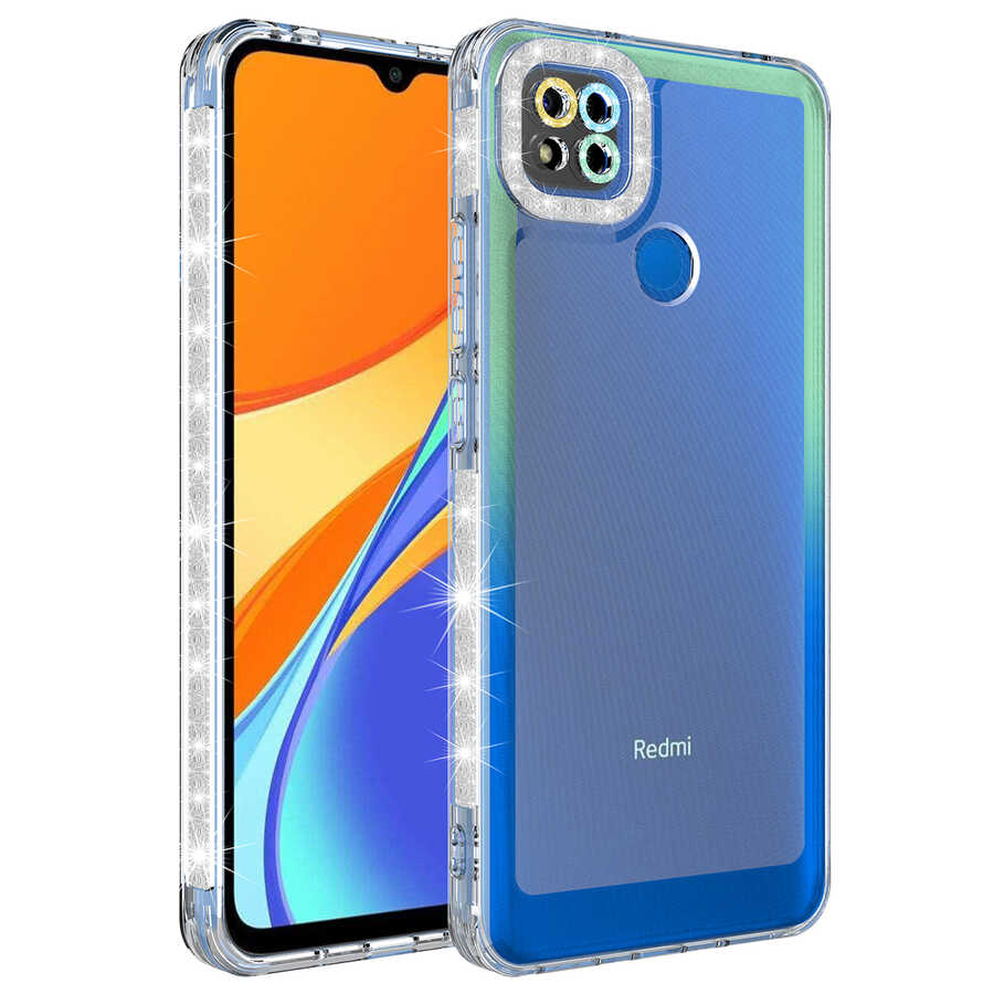 Xiaomi Uyumlu Redmi 9C Kılıf Simli ve Renk Geçiş Tasarımlı Lens Korumalı Tuhatu Park Kapak-Yeşil-mavi