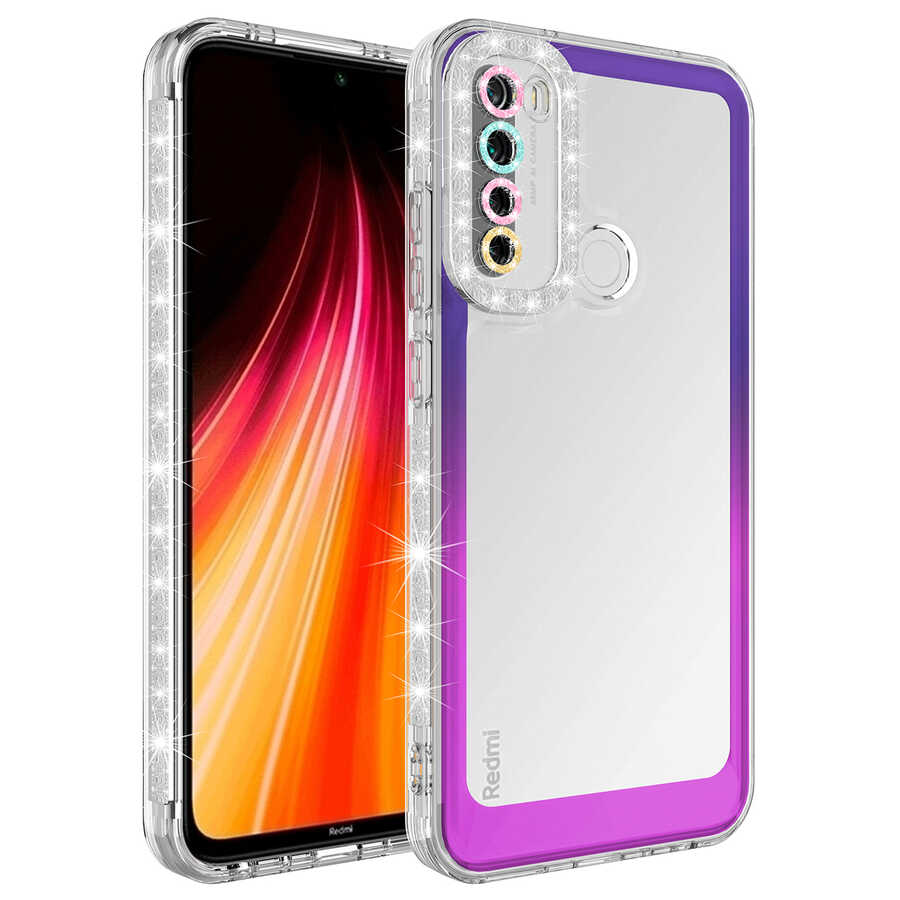 Xiaomi Uyumlu Redmi Note 8 Kılıf Simli ve Renk Geçiş Tasarımlı Lens Korumalı Tuhatu Park Kapak-Mor-pembe