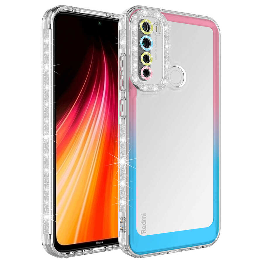 Xiaomi Uyumlu Redmi Note 8 Kılıf Simli ve Renk Geçiş Tasarımlı Lens Korumalı Tuhatu Park Kapak-Pembe-mavi