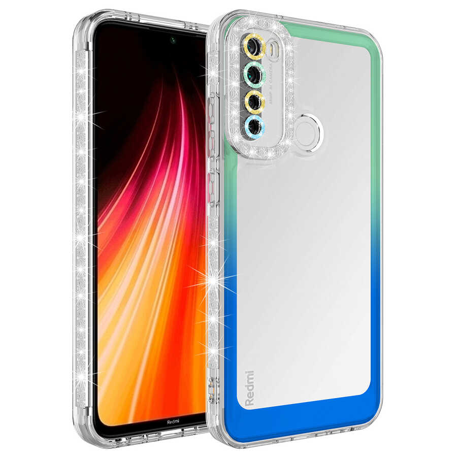 Xiaomi Uyumlu Redmi Note 8 Kılıf Simli ve Renk Geçiş Tasarımlı Lens Korumalı Tuhatu Park Kapak-Yeşil-mavi