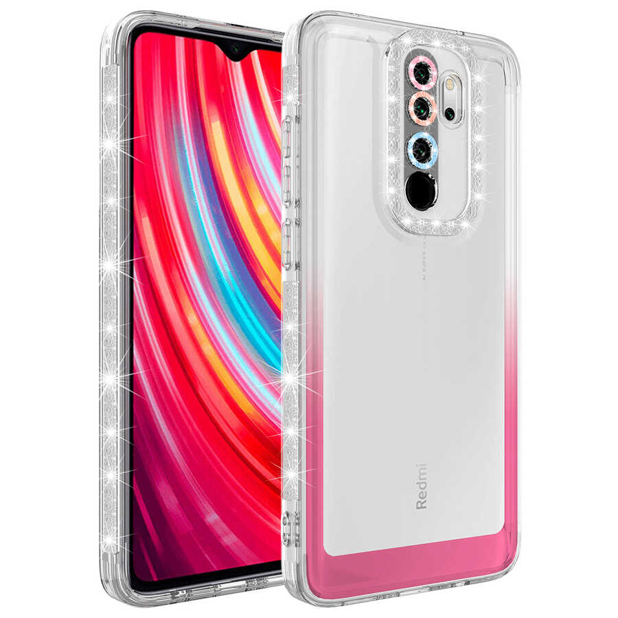 Xiaomi Uyumlu Redmi Note 8 Pro Kılıf Simli ve Renk Geçiş Tasarımlı Lens Korumalı Tuhatu Park Kapak-Beyaz-pembe