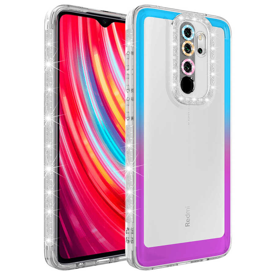 Xiaomi Uyumlu Redmi Note 8 Pro Kılıf Simli ve Renk Geçiş Tasarımlı Lens Korumalı Tuhatu Park Kapak-Mavi-mor