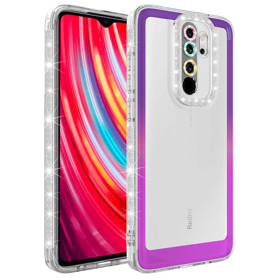 Xiaomi Uyumlu Redmi Note 8 Pro Kılıf Simli ve Renk Geçiş Tasarımlı Lens Korumalı Tuhatu Park Kapak-Mor-pembe