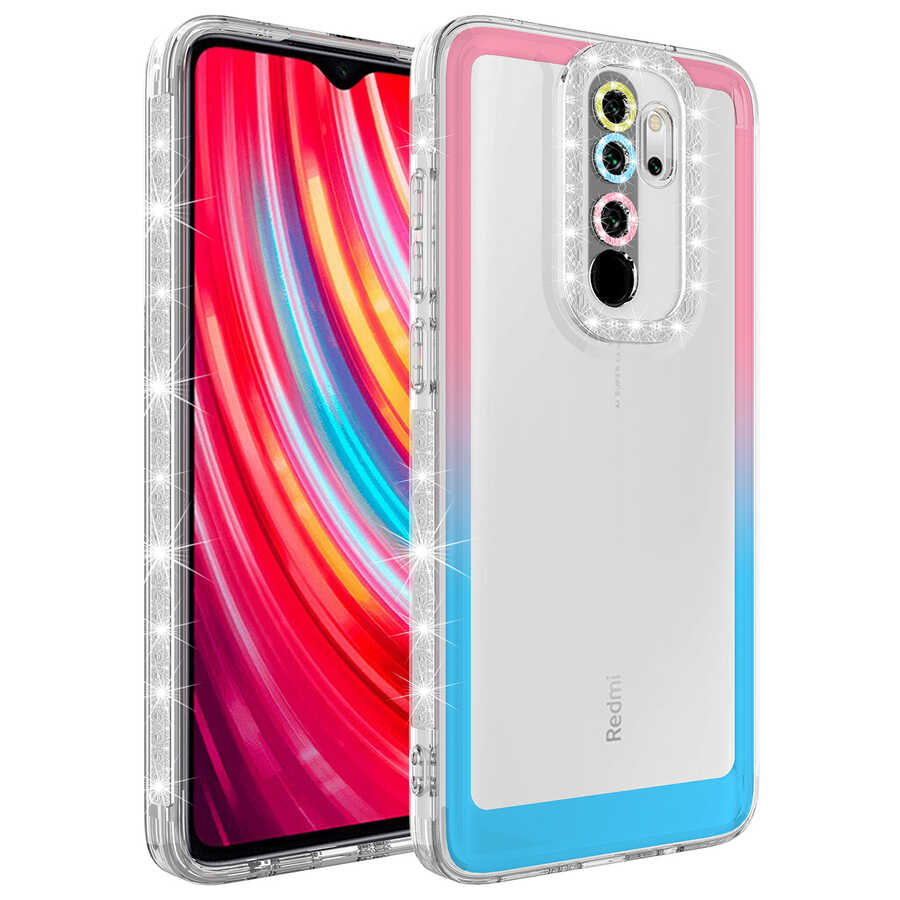 Xiaomi Uyumlu Redmi Note 8 Pro Kılıf Simli ve Renk Geçiş Tasarımlı Lens Korumalı Tuhatu Park Kapak-Pembe-mavi