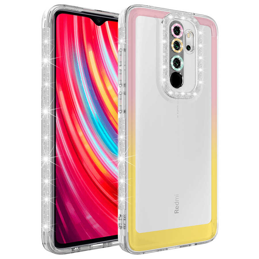 Xiaomi Uyumlu Redmi Note 8 Pro Kılıf Simli ve Renk Geçiş Tasarımlı Lens Korumalı Tuhatu Park Kapak-Pembe-sarı