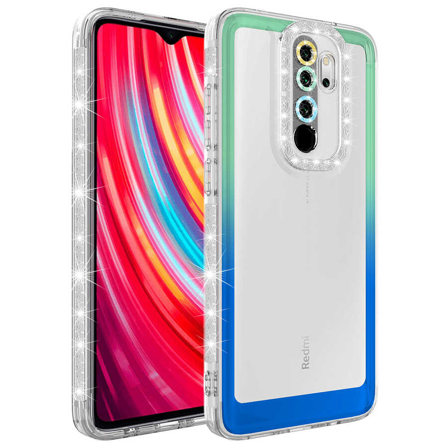 Xiaomi Uyumlu Redmi Note 8 Pro Kılıf Simli ve Renk Geçiş Tasarımlı Lens Korumalı Tuhatu Park Kapak-Yeşil-mavi