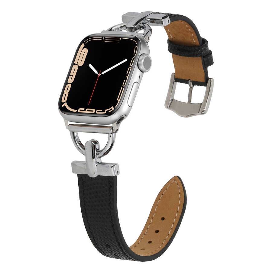 ​​​  Watch Ultra 49mm Kordon KRD-53 Deri Strap Kayış-Siyah-gümüş