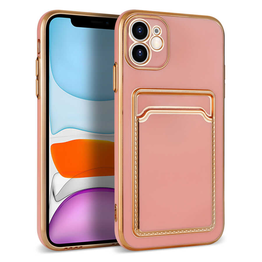 iPhone Uyumlu 11 Kılıf Tuhatu Bark Kartlıklı Kapak-Rose gold