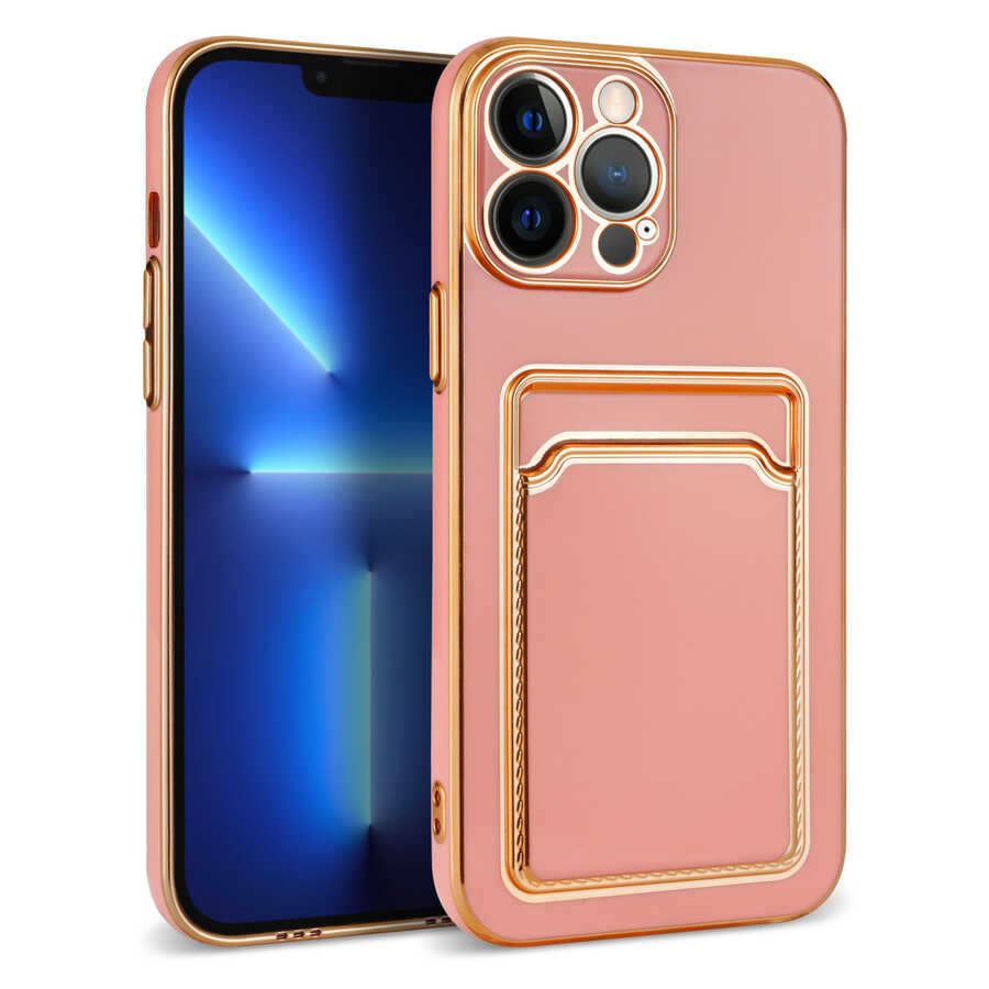 iPhone Uyumlu 12 Pro Kılıf Tuhatu Bark Kartlıklı Kapak-Rose gold