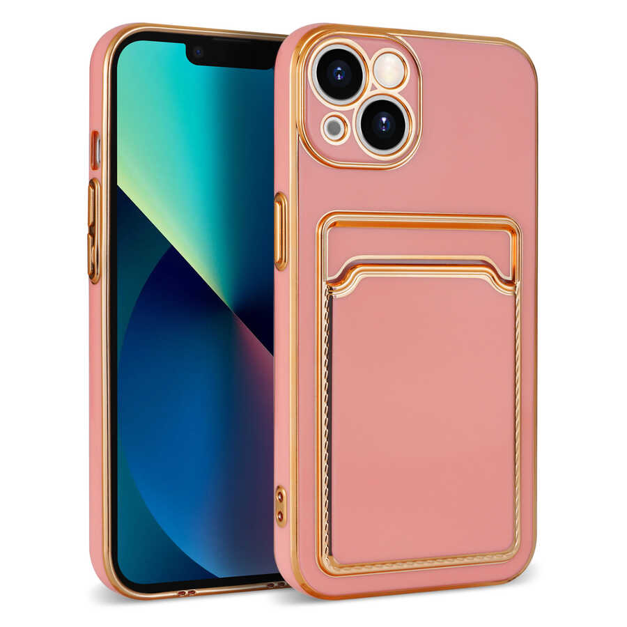 iPhone Uyumlu 13 Kılıf Tuhatu Bark Kartlıklı Kapak-Rose gold