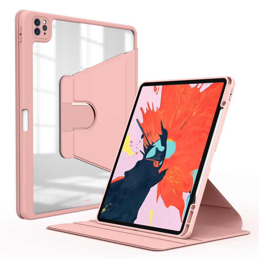 iPad Uyumlu Pro 12.9 2022 M2 Kılıf Tuhatu Nayn Dönebilen Standlı Kılıf-Pembe